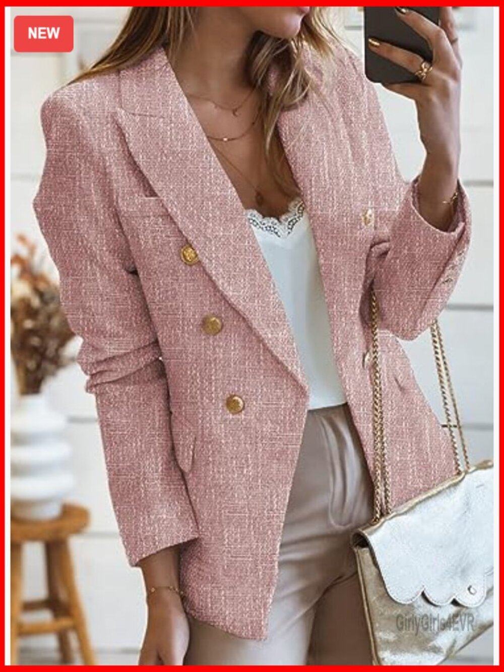 Tweed Blazer Double Breasted Open Front Slim Fit Work Office Casual - Picture 3 of 7